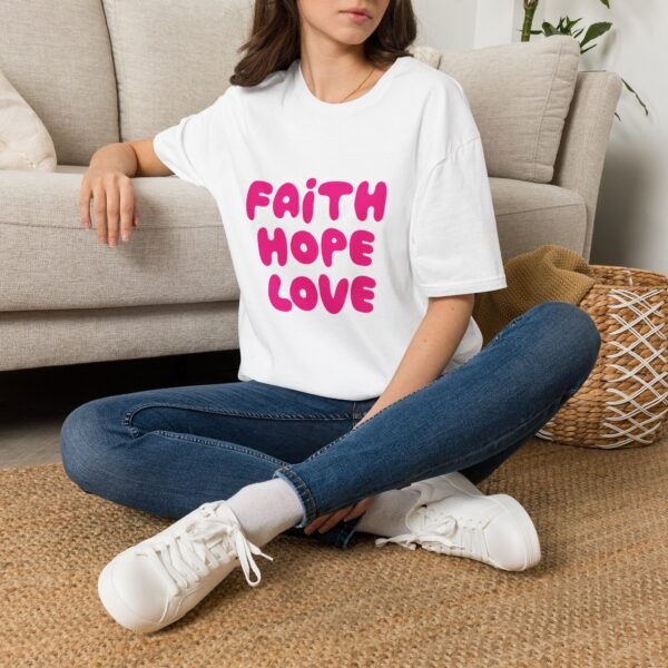 16110641082499538527_2048.jpeg Faith Hope Love T-Shirt — Bright Pink Retro Gospel Tee