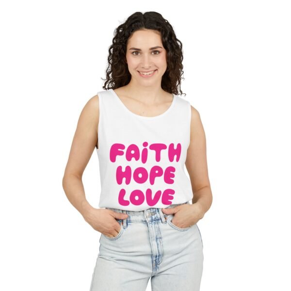 16468798474643836597_2048.jpeg Faith Hope Love Tank Top — Pink Retro Script Inspirational Summer Tee