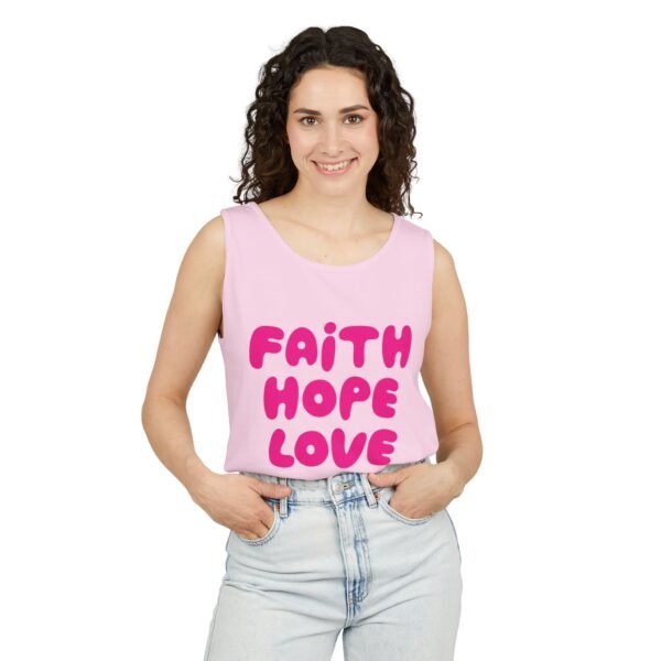 3906295316688869023_2048.jpeg Faith Hope Love Tank Top — Pink Retro Script Inspirational Summer Tee