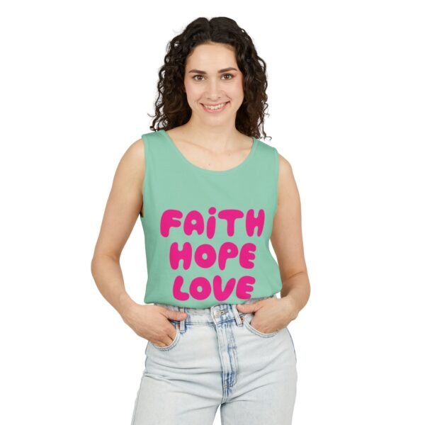 9051979065652230340_2048.jpeg Faith Hope Love Tank Top — Pink Retro Script Inspirational Summer Tee