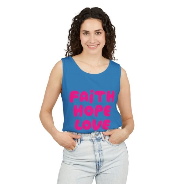 9198121351145011477_2048.jpeg Faith Hope Love Tank Top — Pink Retro Script Inspirational Summer Tee